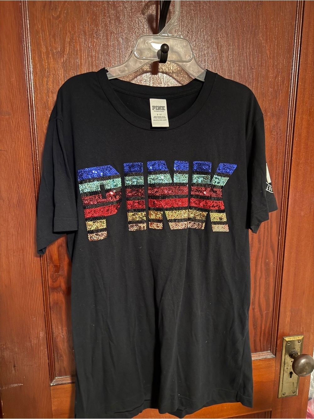 PINK Victoria's Secret Black Short-Sleeve Tee with Rainbow Sequin Logo